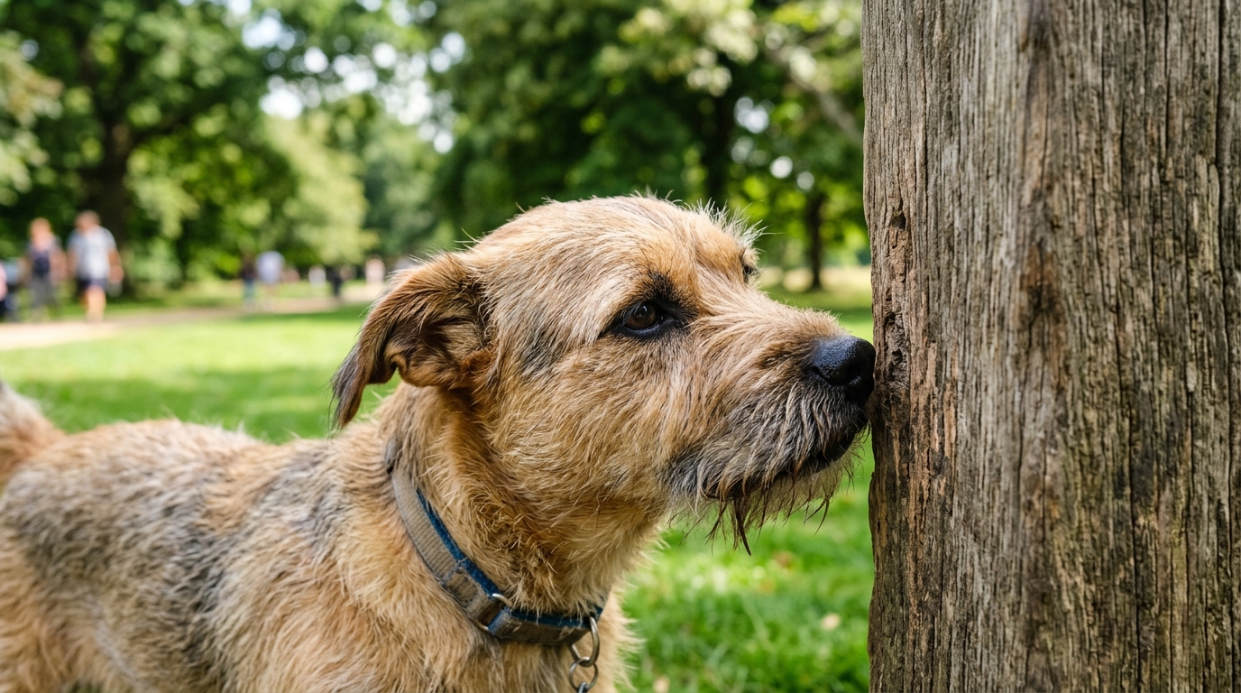 Chien reniflant un poteau en extérieur, comportement naturel.