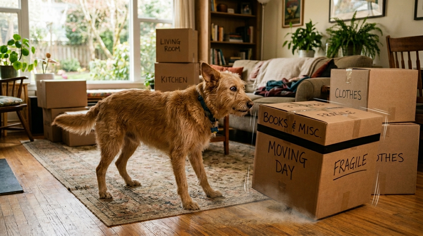 Chien regardant curieusement un carton de déménagement dans le salon.