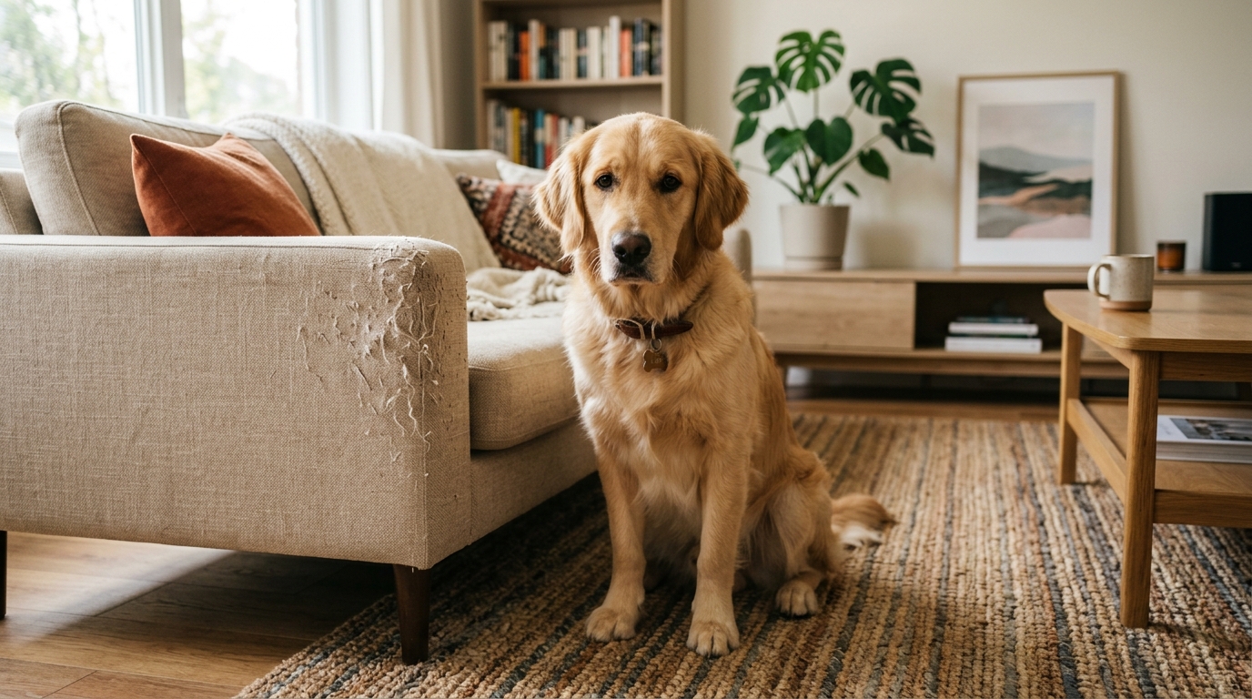 Chien assis devant un canapé légèrement abîmé, regard coupable mais mignon, intérieur moderne et lumineux