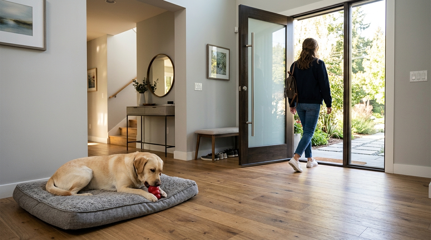 Propriétaire quittant la maison calmement, chien occupé avec un jouet, ambiance détendue