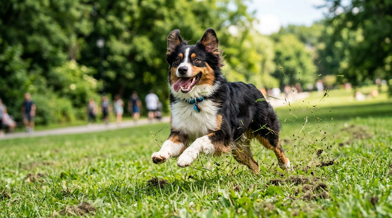 Chien courant joyeusement dans un parc, flou de mouvement, langue pendante, énergie positive