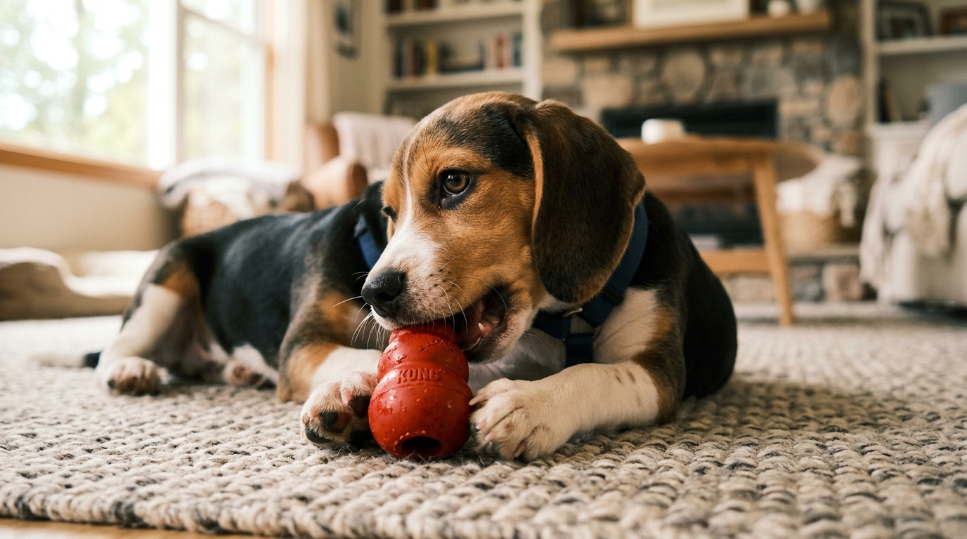 Chiot en train de mâchouiller un jouet adapté sur un tapis, gros plan, lumière naturelle