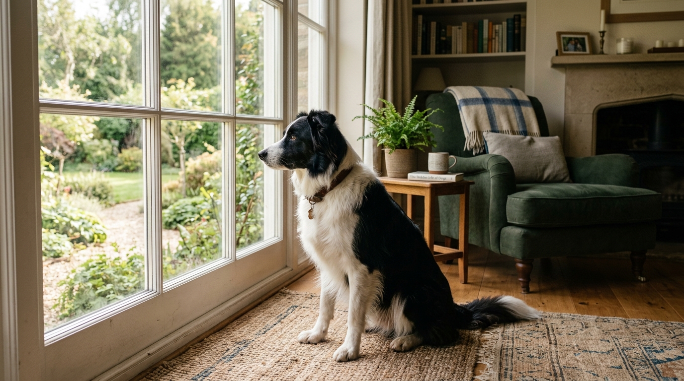 Chien assis calmement regardant par la fenêtre, atmosphère sereine, intérieur confortable