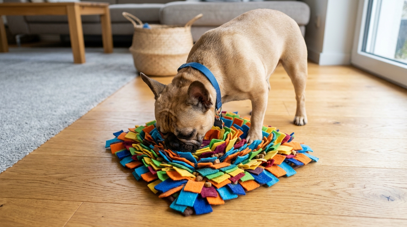 Chien utilisant un tapis de fouille coloré, concentration, intérieur lumineux