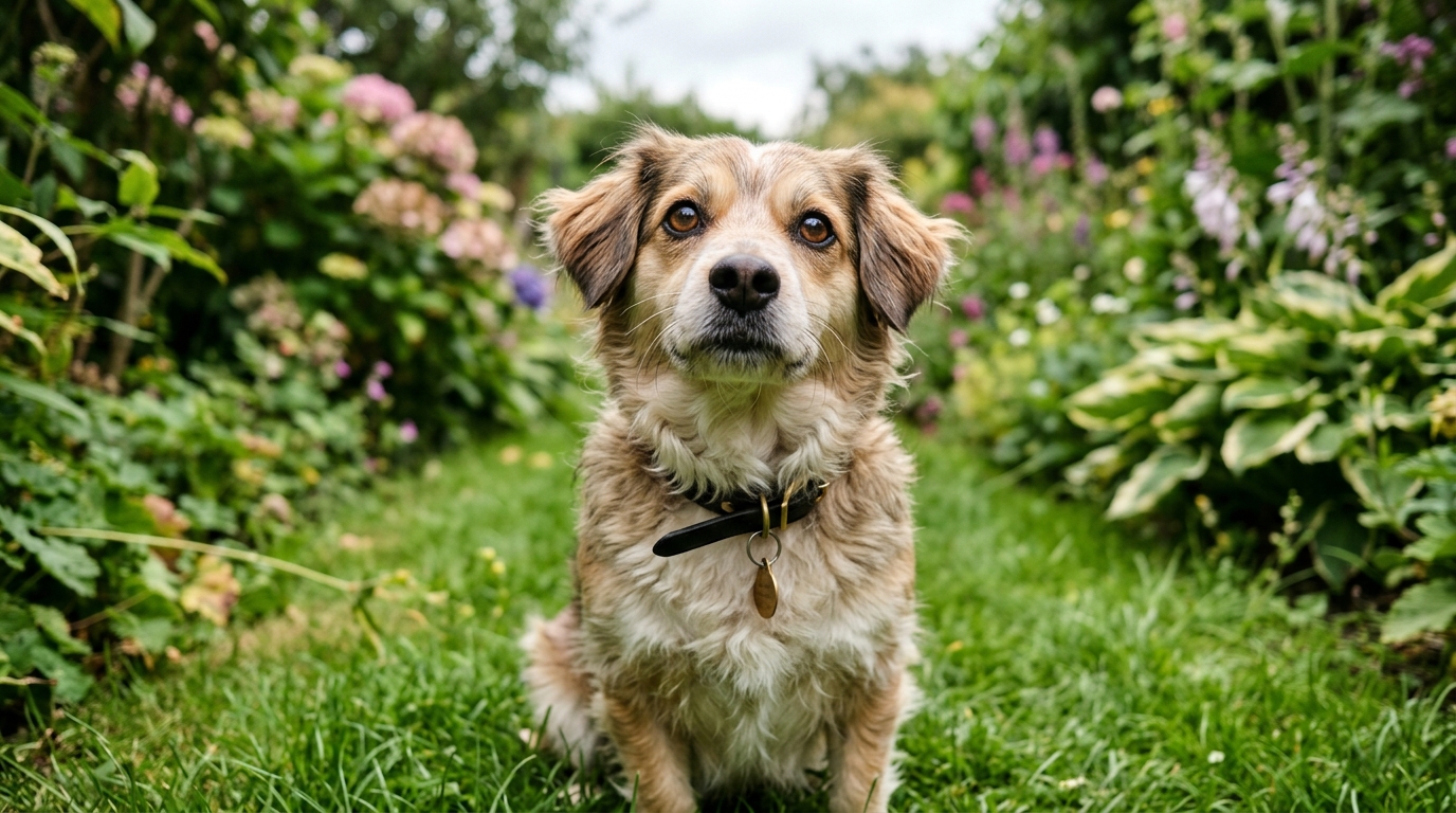 Chien assis dans l'herbe regardant son propriétaire avec un air interrogateur, lumière naturelle douce