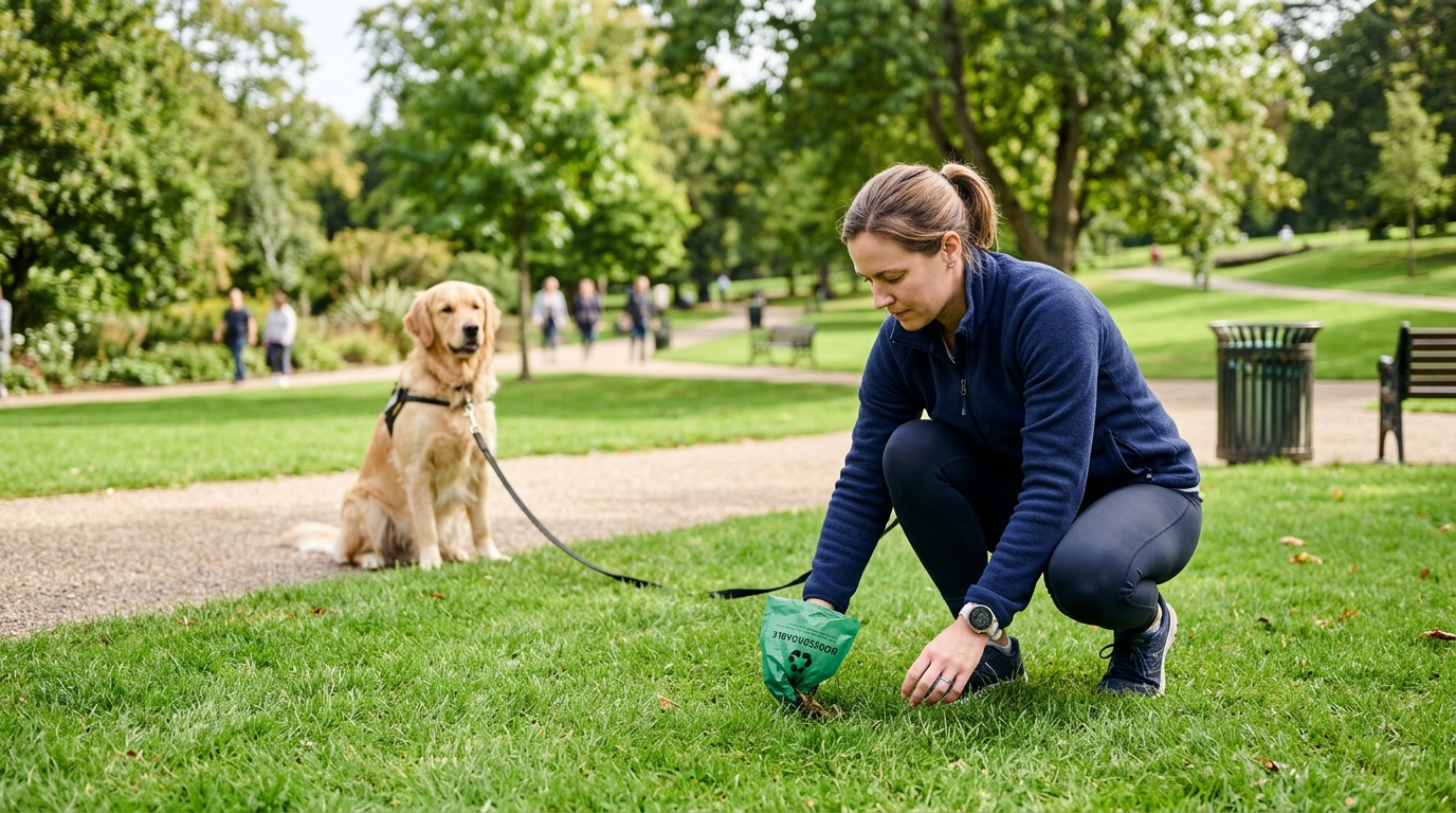 Propriétaire ramassant proprement une déjection dans l'herbe avec un sac, chien à distance