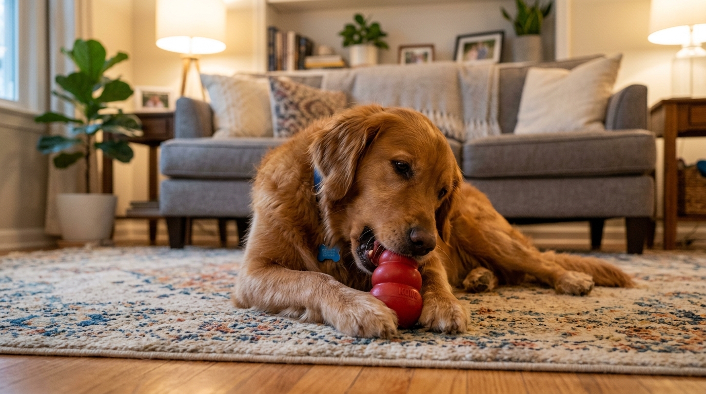 Un chien jouant avec un jouet d'occupation type Kong rempli de friandises