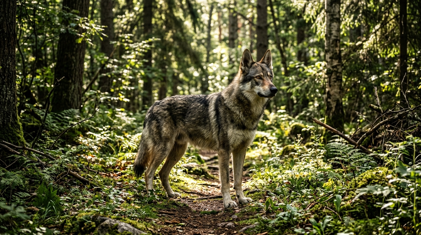 Chien type loup ou berger dans une forêt dense, ambiance nature sauvage