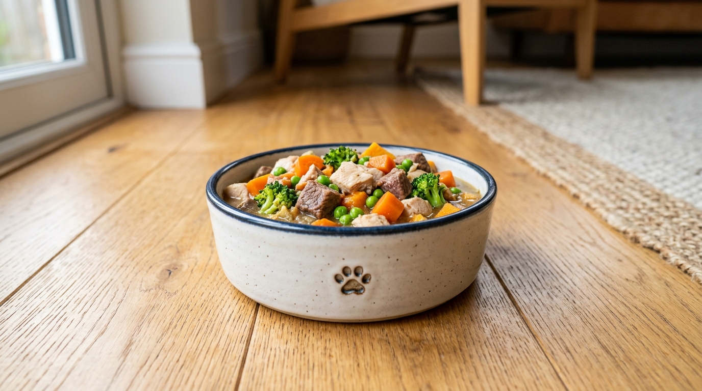 Une gamelle remplie d'aliments frais et sains (viande, légumes)