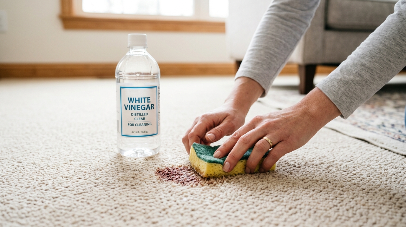 Mains utilisant une éponge et du vinaigre blanc sur un tapis, focus sur le nettoyage écologique.