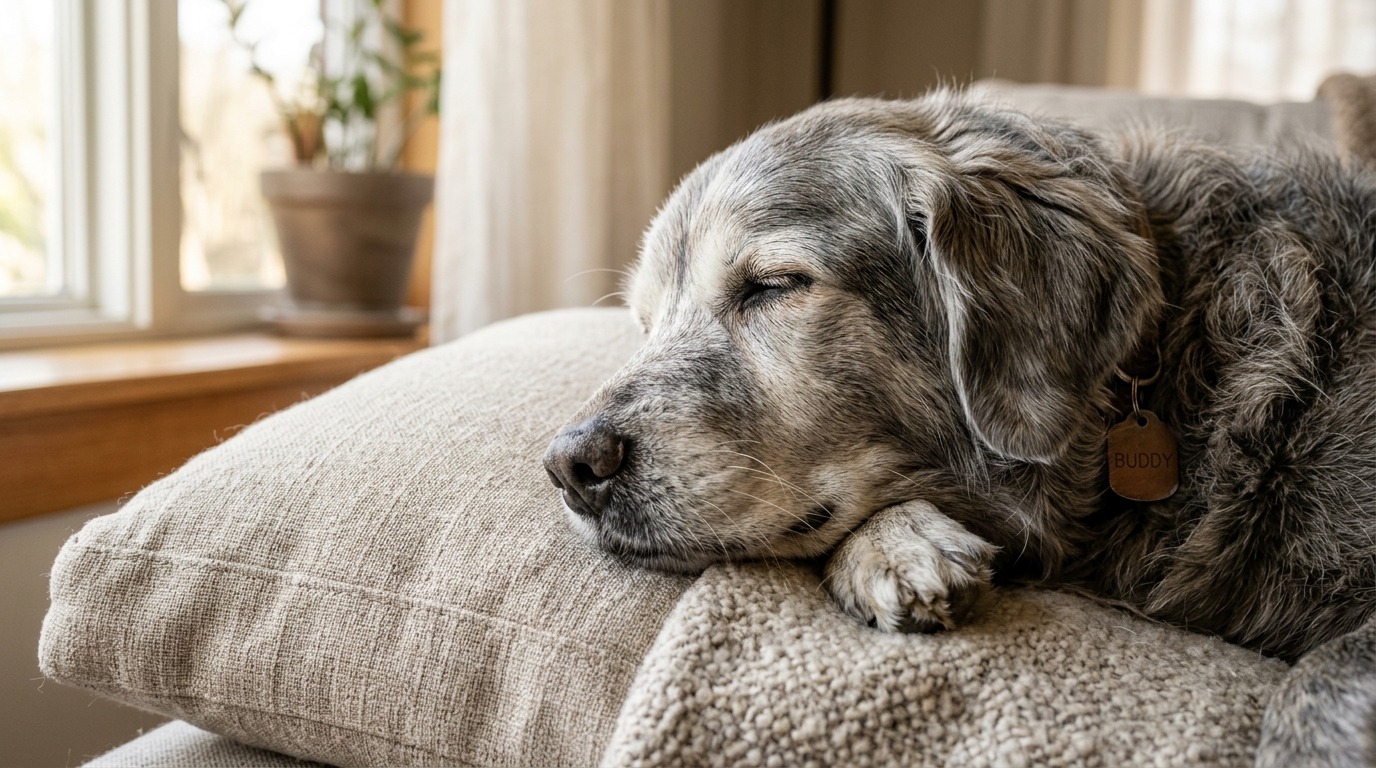 Chien âgé dormant paisiblement sur son coussin, évoquant le confort et la nécessité de soins adaptés.