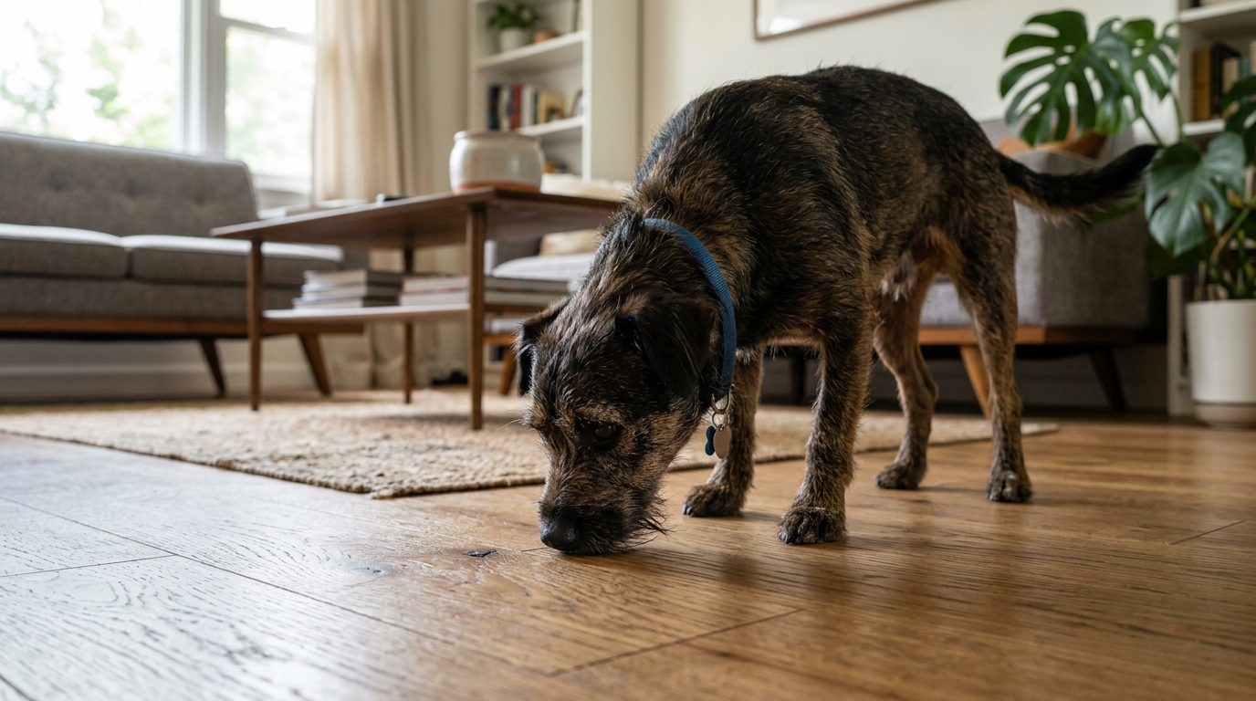 Chien reniflant le sol attentivement, posture typique avant d'uriner, dans un intérieur moderne.
