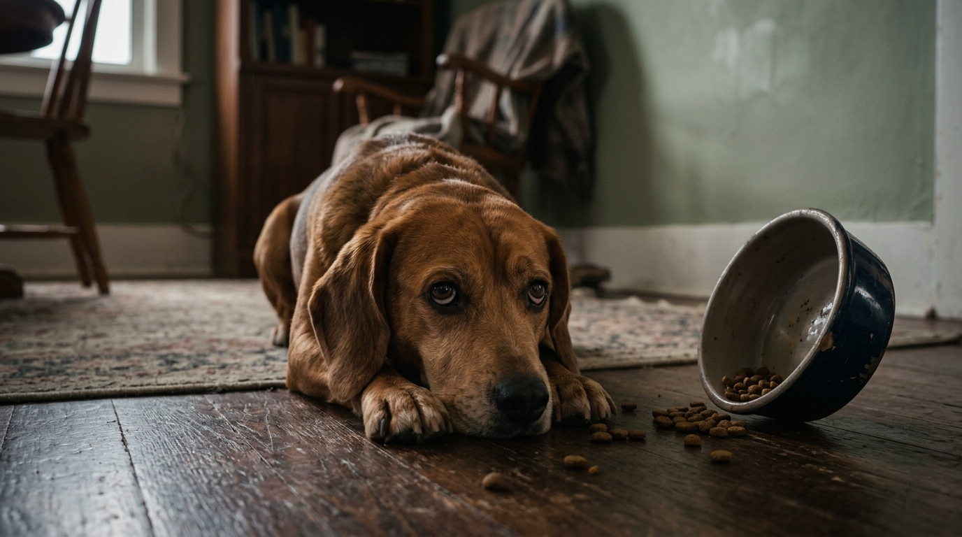 Chien anxieux couché près de sa gamelle vide dans un couloir sombre