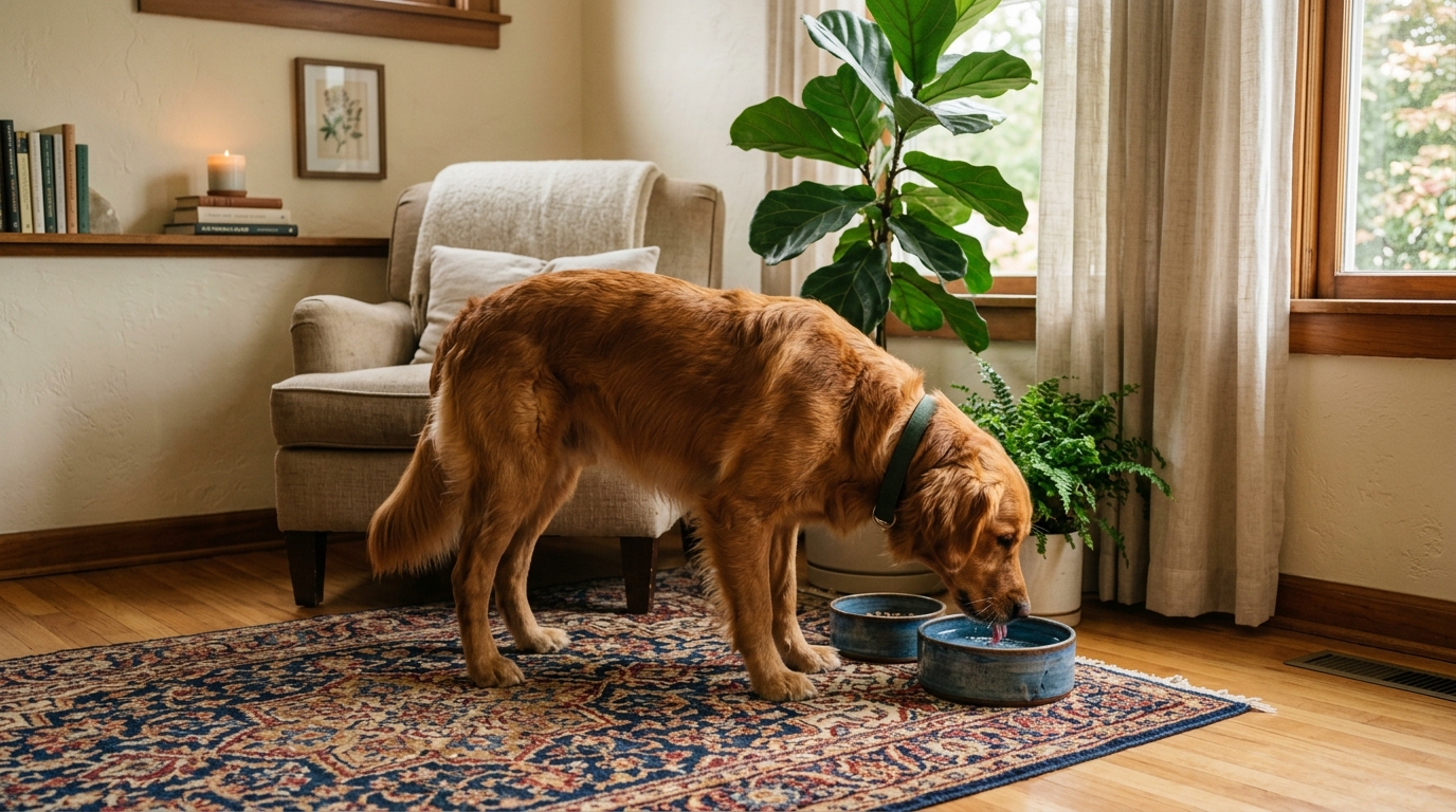 Chien buvant paisiblement dans un coin calme de la maison