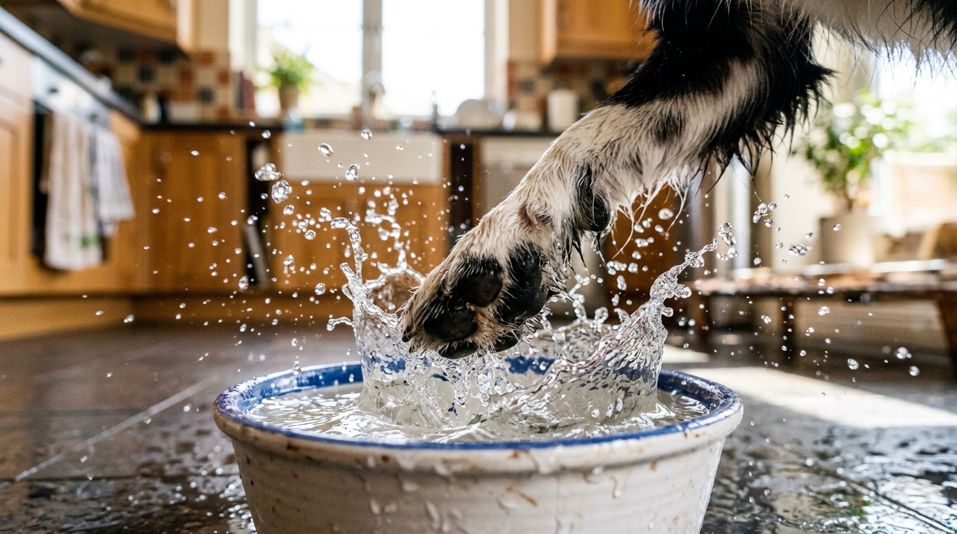 Chien type Border Collie jouant avec l'eau de sa gamelle avec la patte