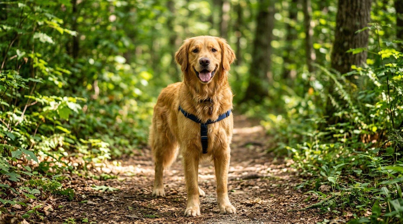 Chien protégé des tiques se promenant dans une forêt