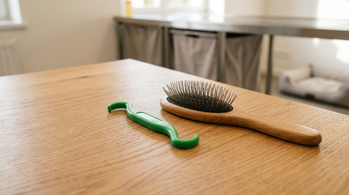 Tire-tique et brosse posés sur une table pour le soin du chien