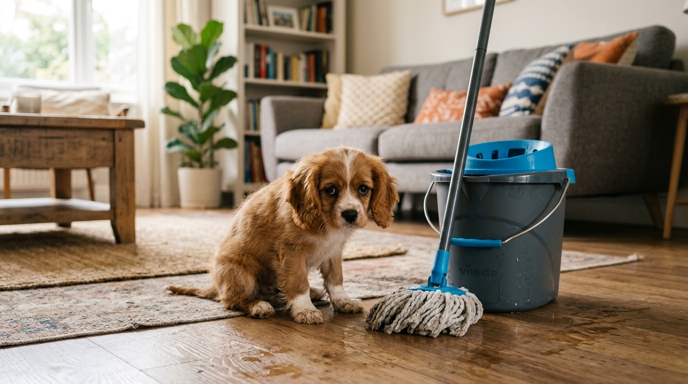 Chiot au regard coupable près d'une serpillière dans un salon chaleureux
