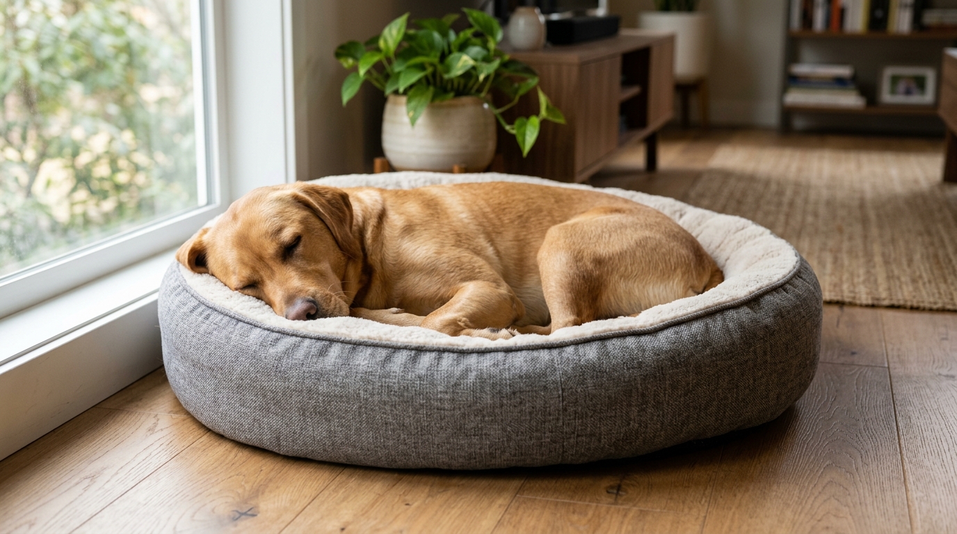 Chien dormant paisiblement dans son panier en intérieur