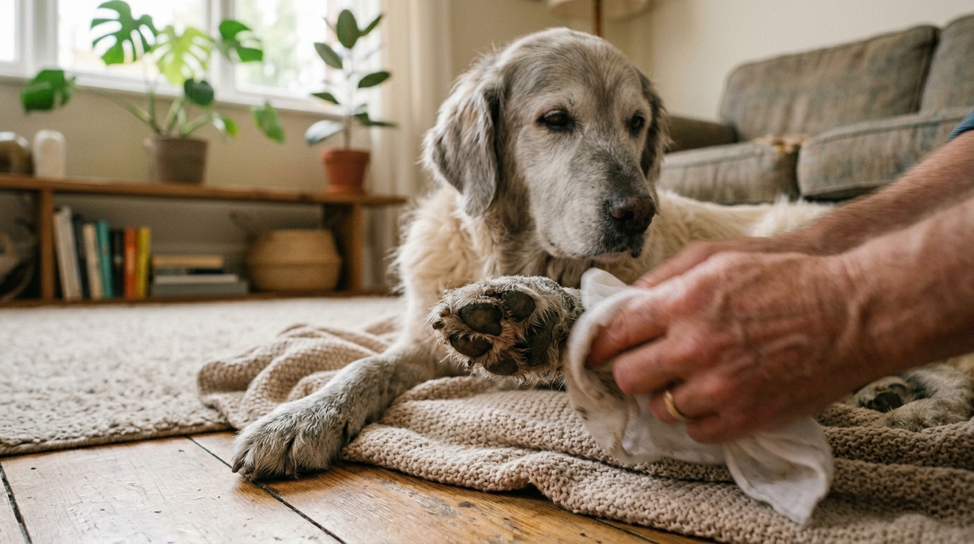 Propriétaire nettoyant doucement les pattes d'un chien senior