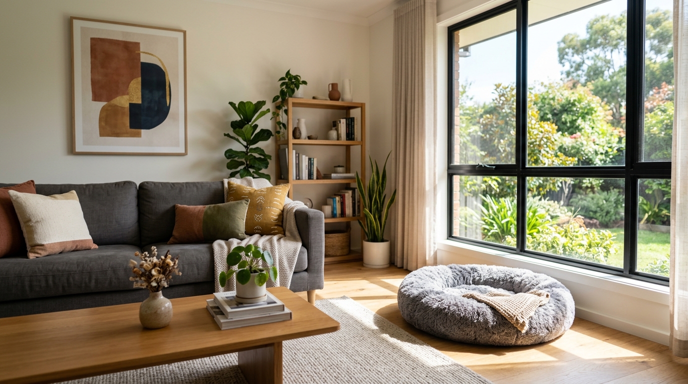 Salon moderne, propre et chaleureux avec un panier pour chien