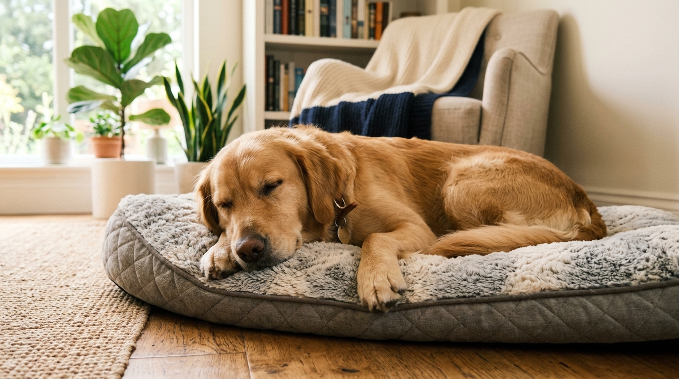 Chien apaisé sans puces sur son coussin