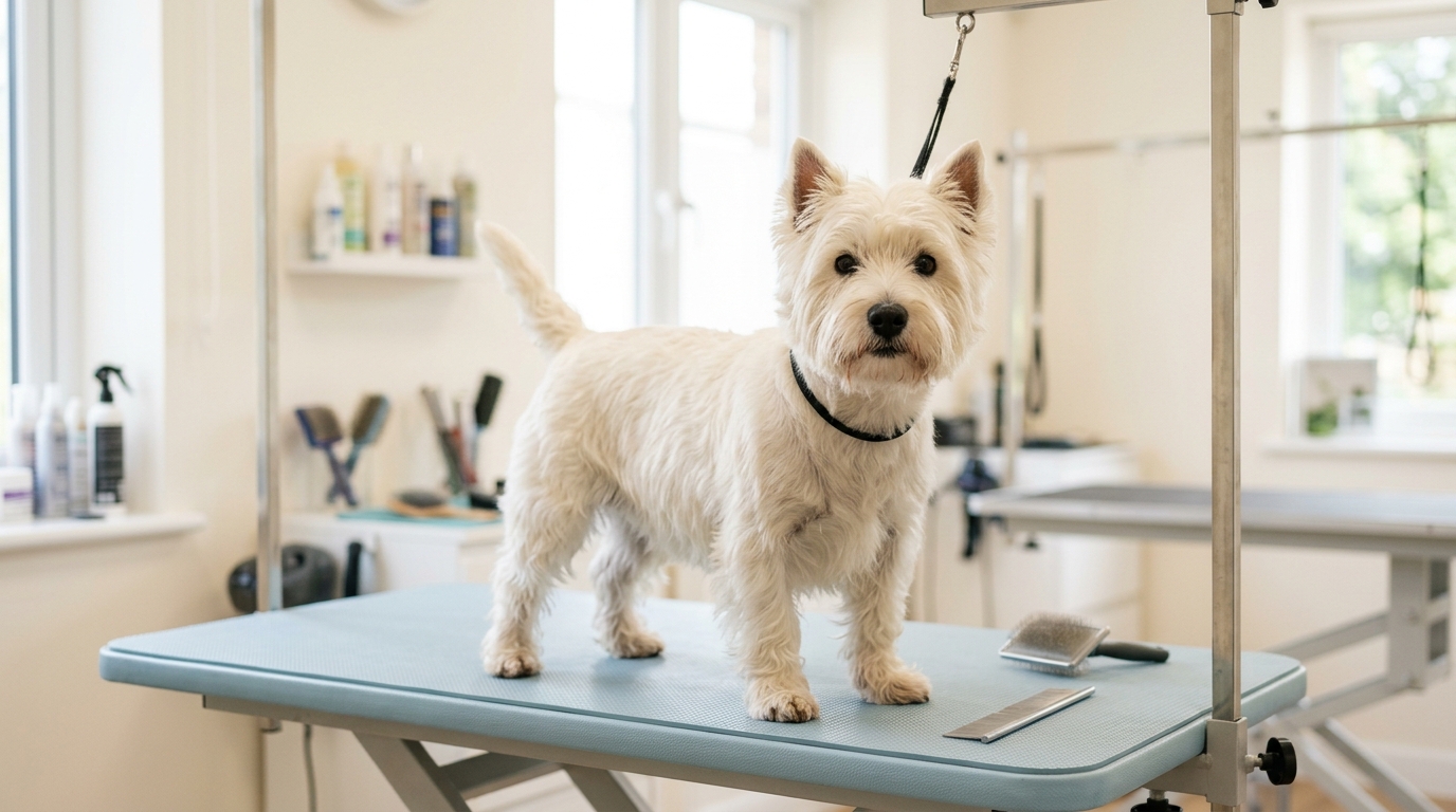 Chien terrier à poil dur sur une table de toilettage