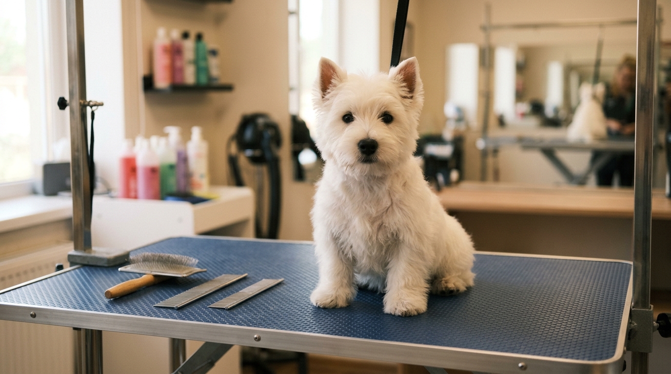 Chiot Westie lors de sa première séance de toilettage