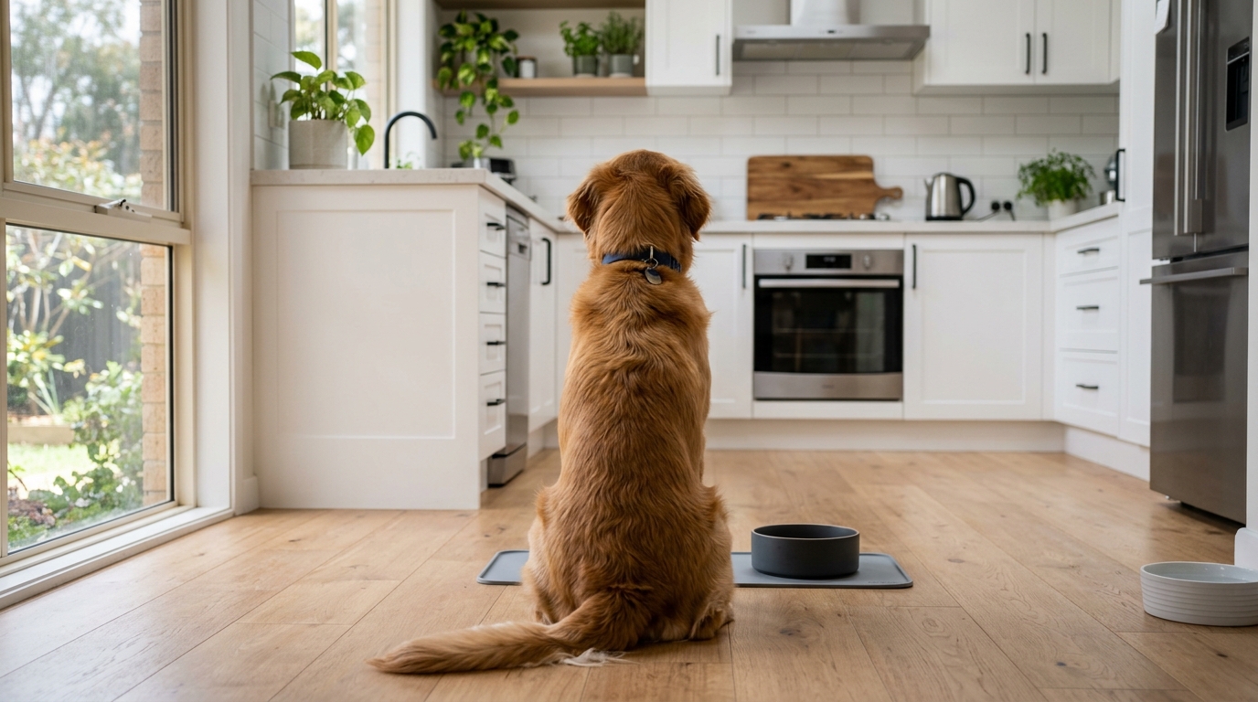 Chien attendant son repas avec calme