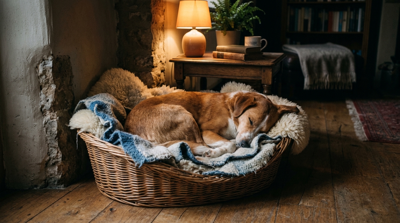 Chien dormant profondément dans son panier