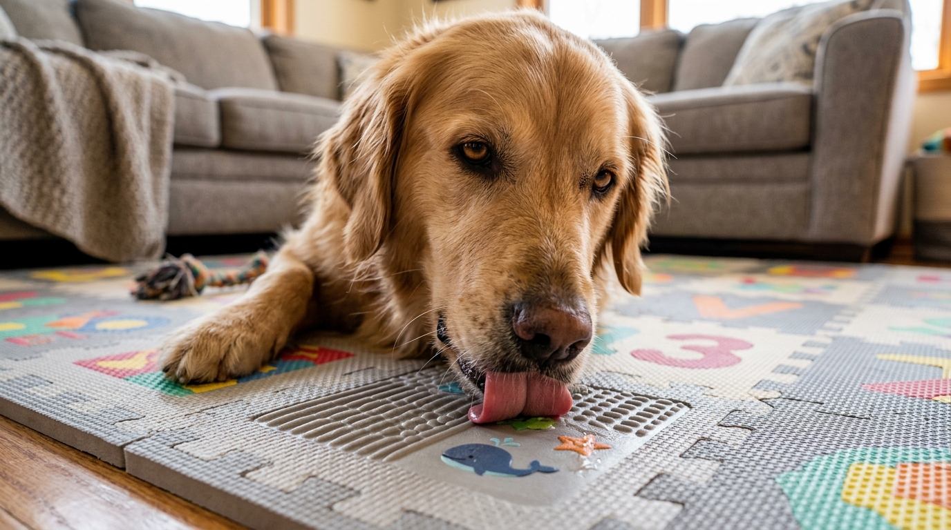 Chien utilisant un tapis de léchage