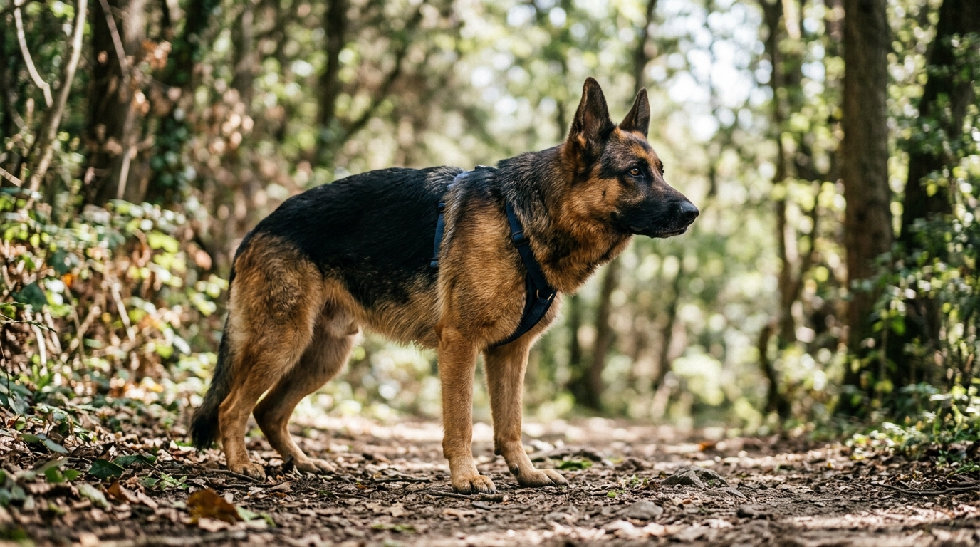 Chien en posture d'alerte dans un parc naturel