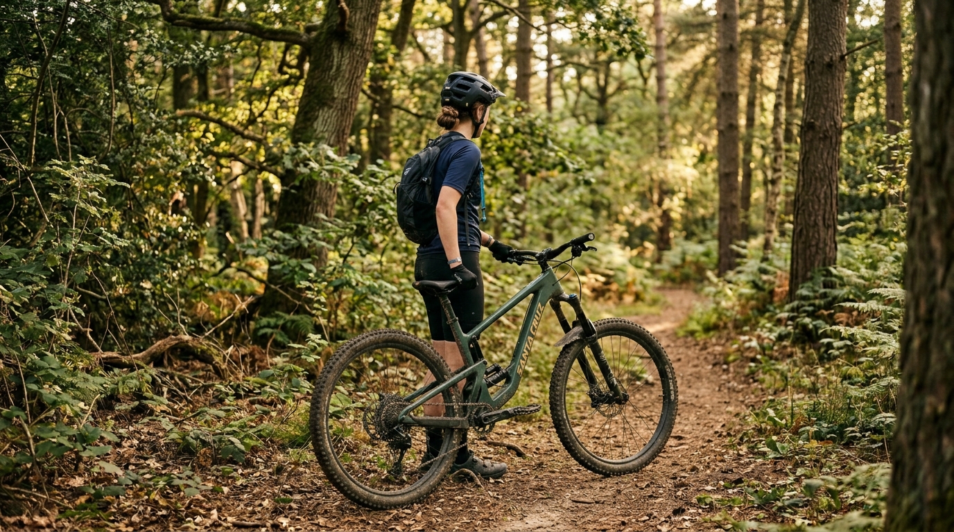 Cycliste utilisant son vélo comme barrière face à un chien dans la nature