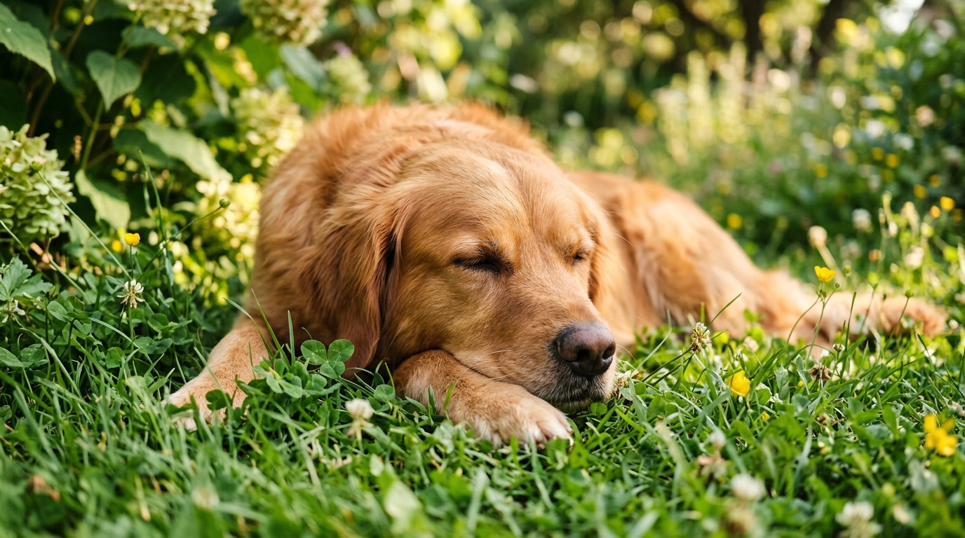 Un chien détendu profitant de l'extérieur à l'abri des mouches.
