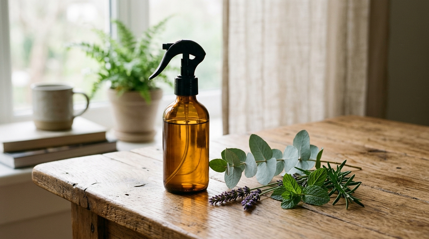 Flacon en verre ambré et plantes naturelles utilisés pour protéger le chien.