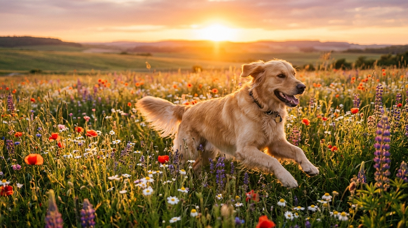 Chien en pleine forme courant joyeusement dans un champ fleuri en été.