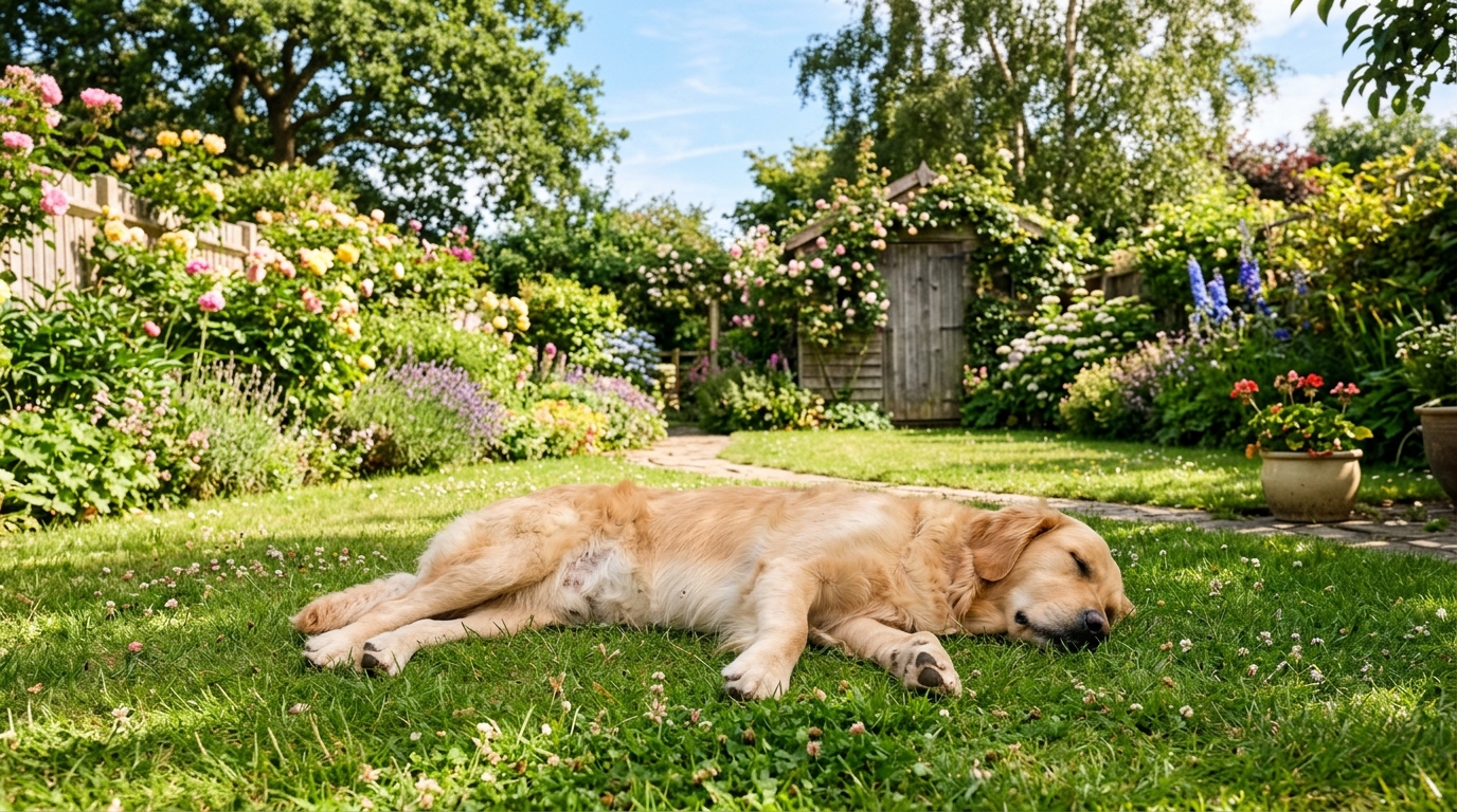 Chien se reposant sur le flanc dans l'herbe, exposant ses pattes et son ventre.