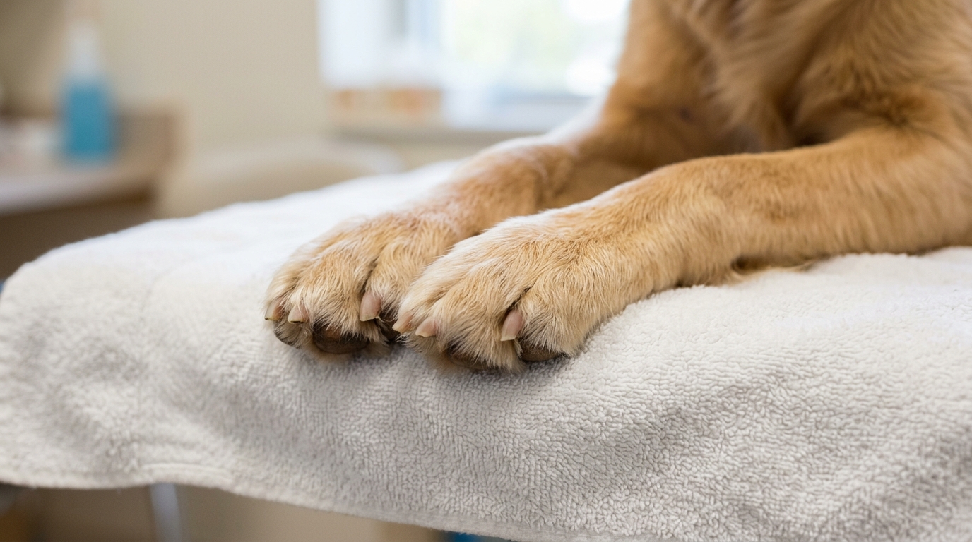Pattes de chien sur une serviette propre pour des soins en douceur.