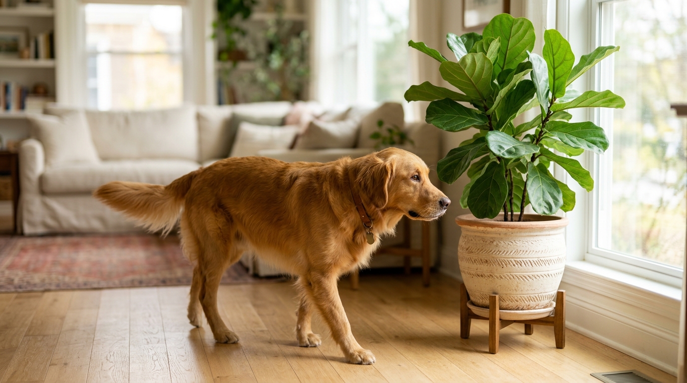 Chien s'éloignant paisiblement d'une plante d'intérieur