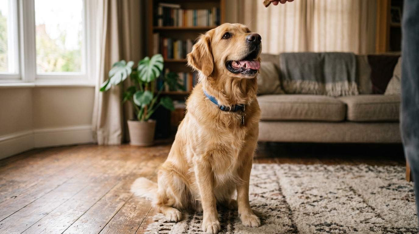Chien attentif attendant une récompense dans le cadre d'une éducation positive