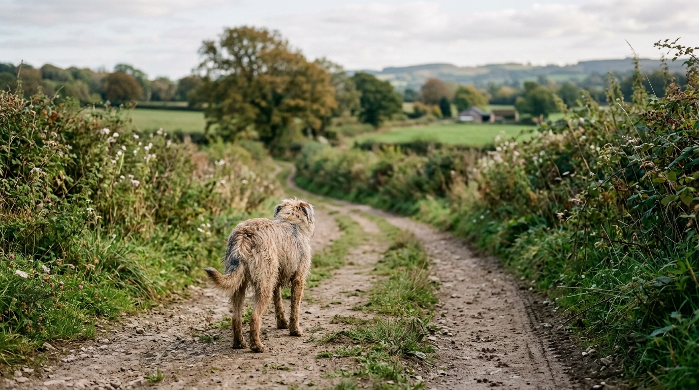 Chien errant s'éloignant sur un chemin de campagne