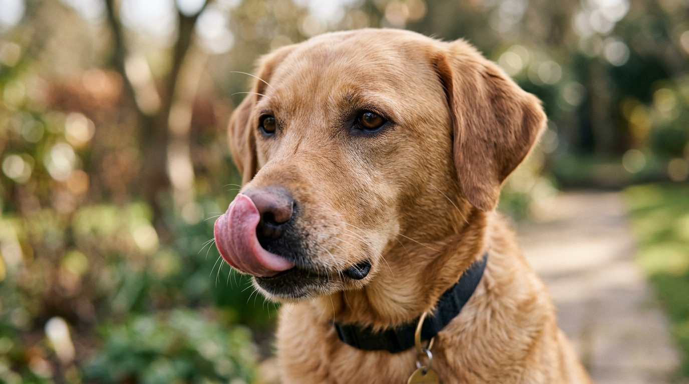 Chien se léchant la truffe en signe d'apaisement