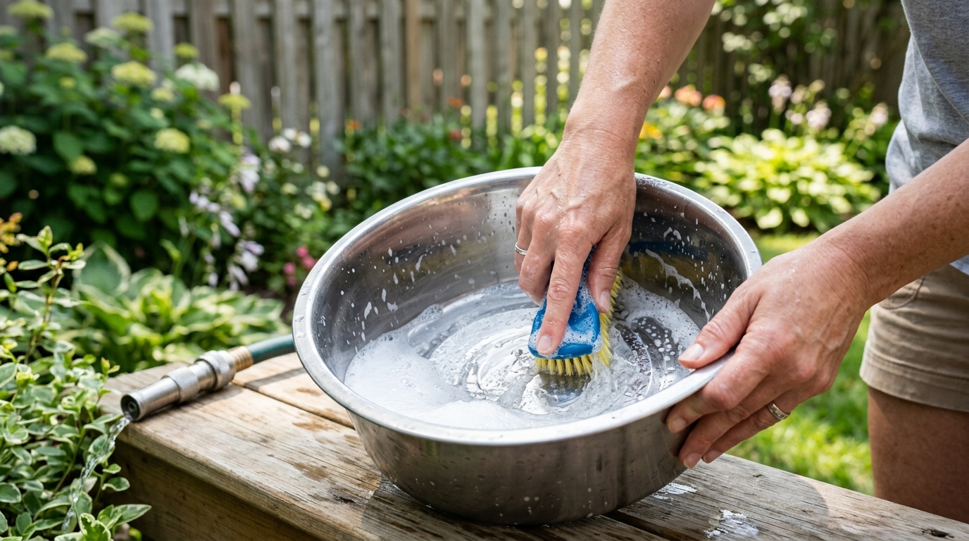 Nettoyage hygiénique d'une gamelle pour chien en extérieur