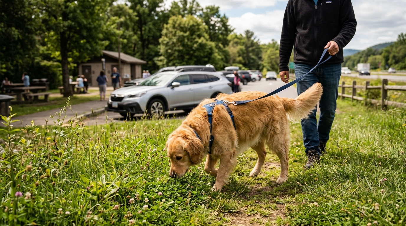 Chien tenu en laisse faisant une pause lors d'un voyage en voiture