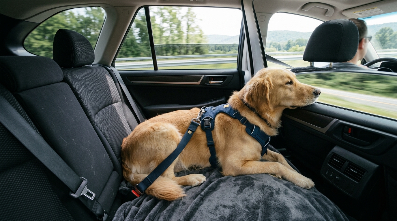 Chien détendu et attaché avec un harnais en voiture