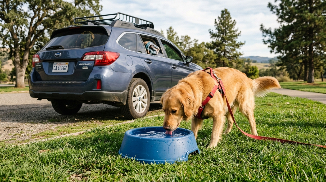 Gamelle d'eau de voyage pour chien lors d'une pause sur la route