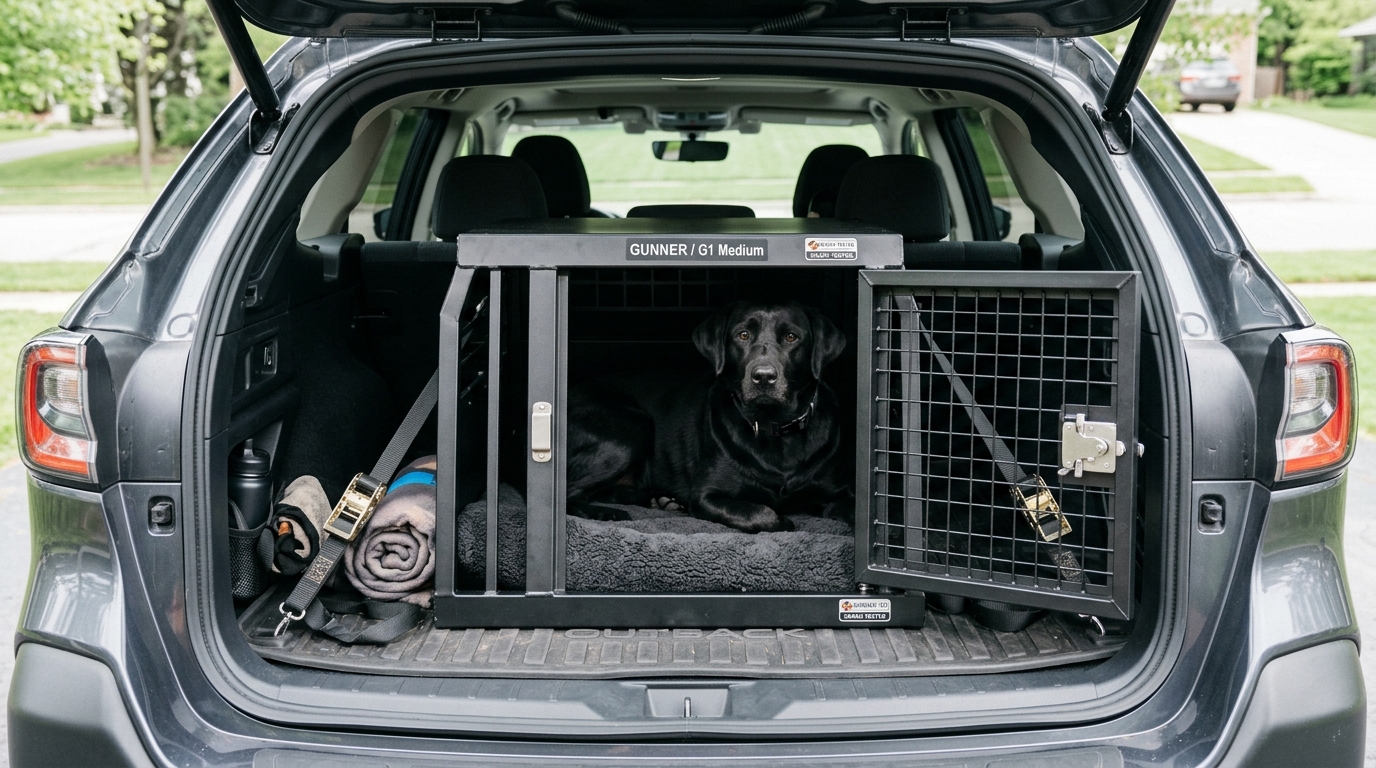 Caisse de transport pour chien dans le coffre d'une voiture