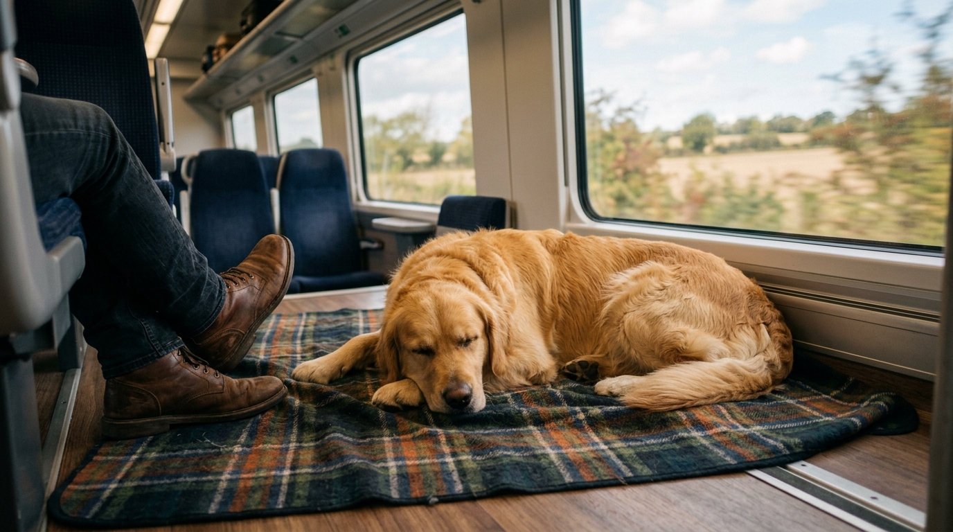 Chien calme voyageant en train couché sur son tapis