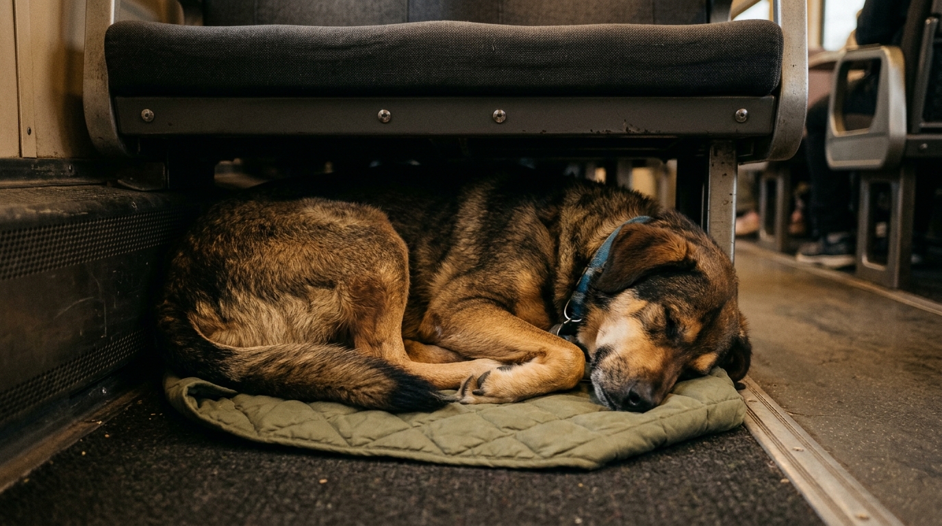 Grand chien dormant confortablement sous un siège de train