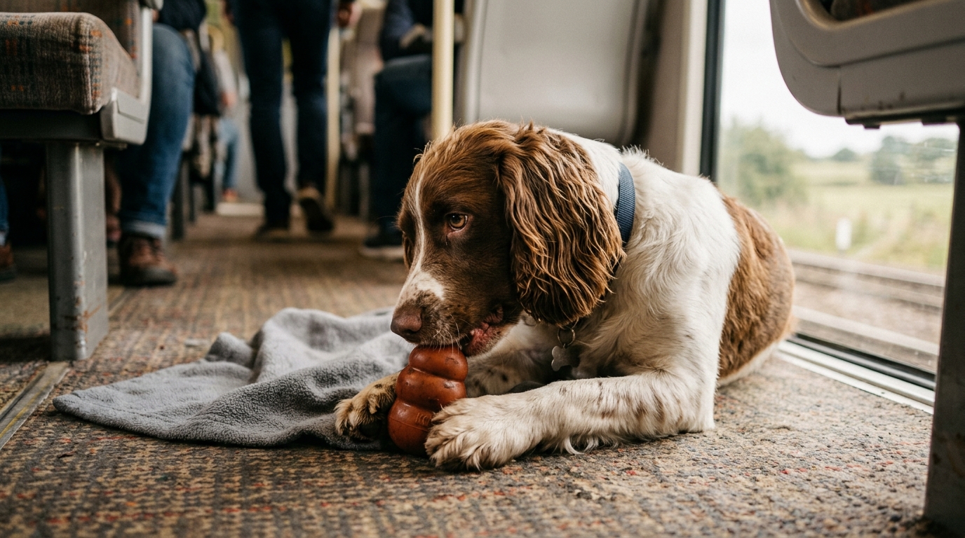 Chien mastiquant son jouet calmement durant un trajet en train